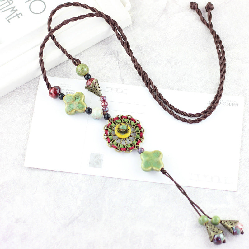 Ethnic Women Necklace Ceramic Drop Pendant Lucky Flower Adjustable Sweater Necklace Gift for Her