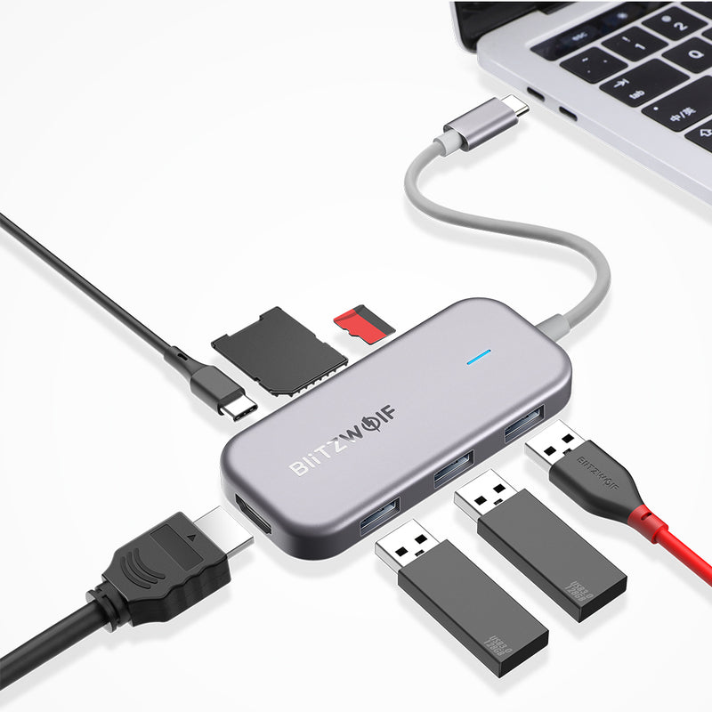 BlitzWolf BW-TH5 7 in 1 USB-C Data Hub with 3-Port USB 3.0 TF Card Reader USB-C PD Charging 4K Display for MacBooks Notebooks iPad Pros