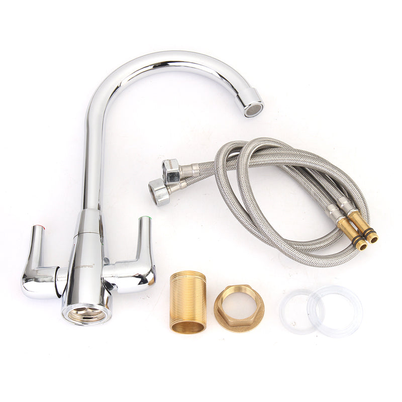 Brass Chrome Finish Kitchen Sink Faucet 360 Rotate Neck Spout Double Handle Water Mixer Tap