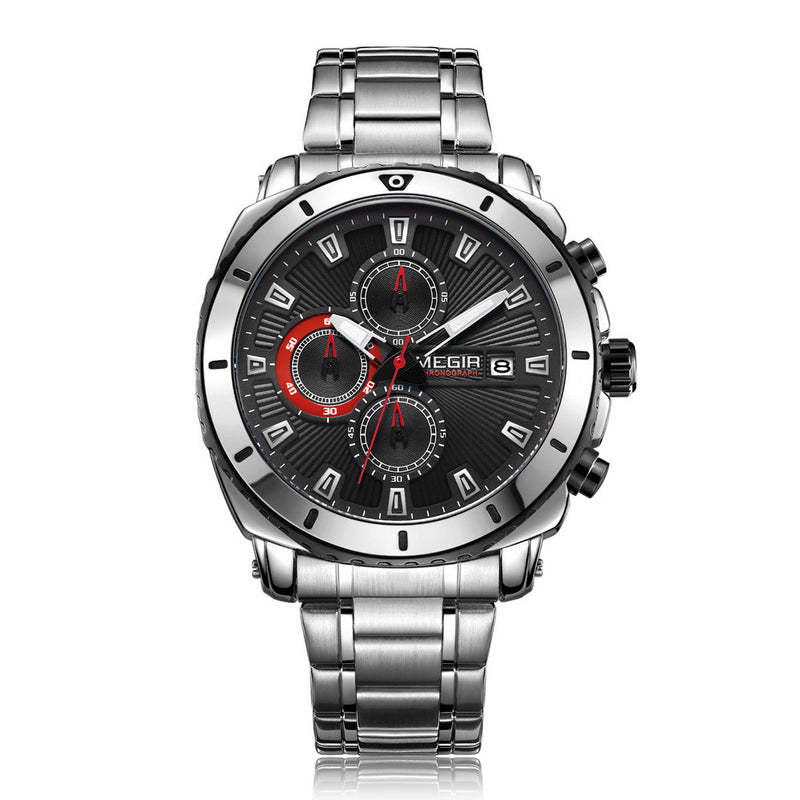 MEGIR 2075 Business Style Chronograph Luminous Date Display Bracelet Clasp Steel Men Quartz Watch
