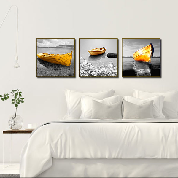 Miico Hand Painted Three Combination Decorative Paintings Yellow Boat Wall Art For Home Decoration