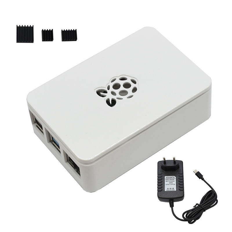 Updated ABS Enclosure Box V4 Case+5V/3A EU Standard Plug Power Supply+3*Black Heat Sink Set for Raspberry Pi 4