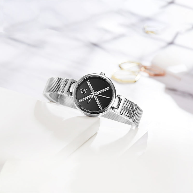 SHENGKE SK K0102 Crystal X Pattern Full Steel Strap Women Business Quartz Watch