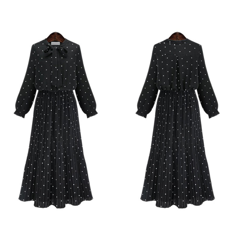 Round Neck Long Sleeve Solid Black Chiffon Dot Loose Big Size Dress Women FaV9W5