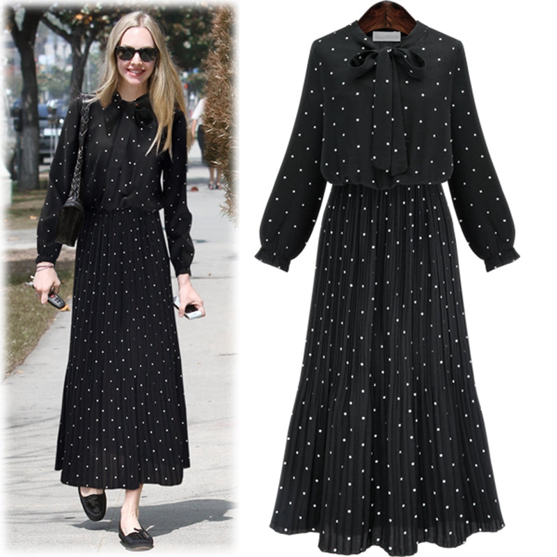 Round Neck Long Sleeve Solid Black Chiffon Dot Loose Big Size Dress Women FaV9W5