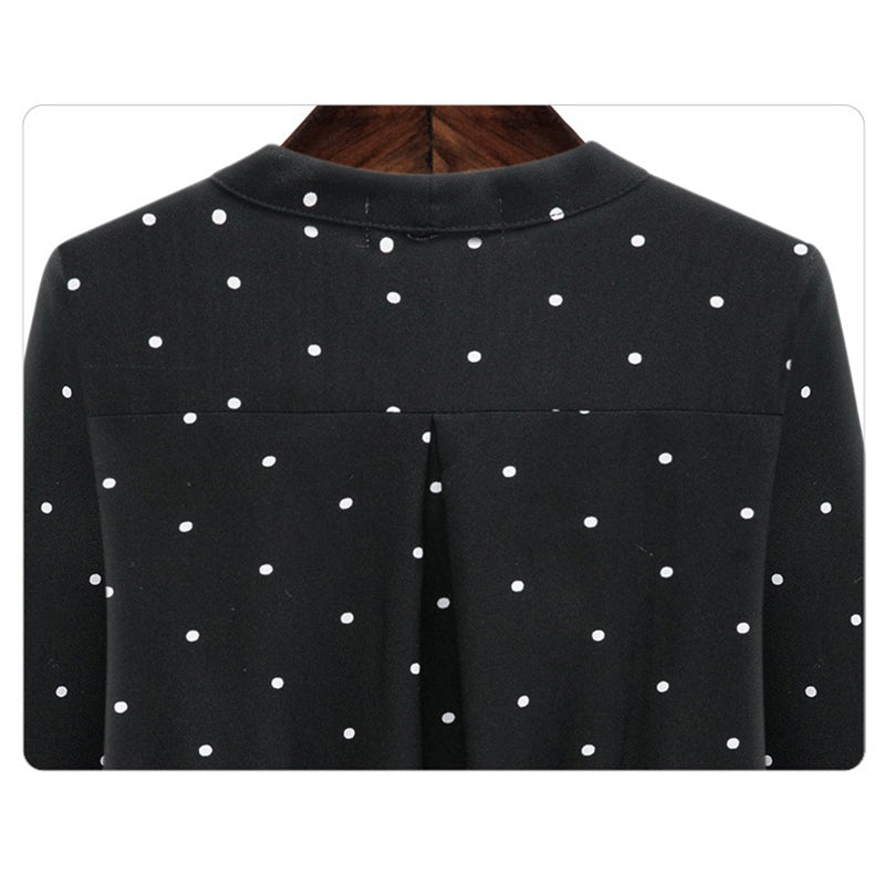 Round Neck Long Sleeve Solid Black Chiffon Dot Loose Big Size Dress Women FaV9W5