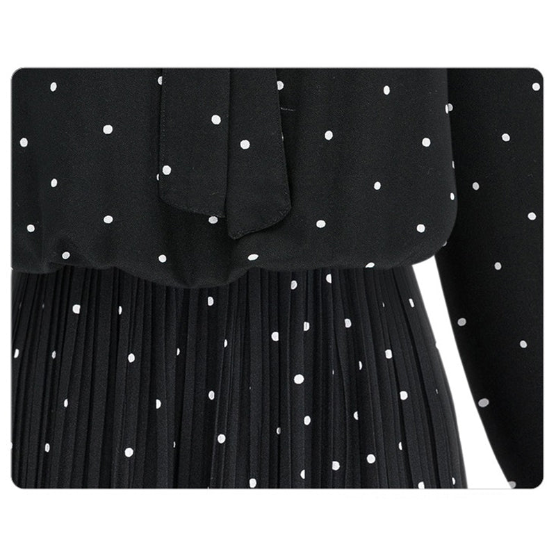 Round Neck Long Sleeve Solid Black Chiffon Dot Loose Big Size Dress Women FaV9W5