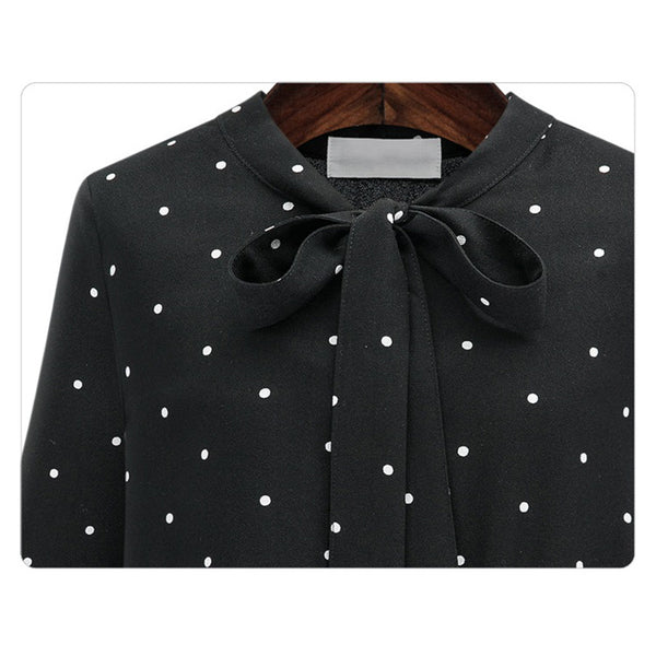 Round Neck Long Sleeve Solid Black Chiffon Dot Loose Big Size Dress Women FaV9W5