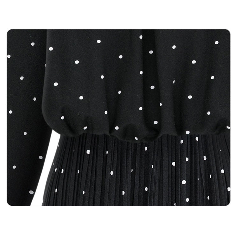 Round Neck Long Sleeve Solid Black Chiffon Dot Loose Big Size Dress Women FaV9W5