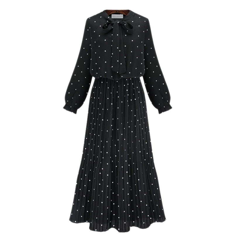 Round Neck Long Sleeve Solid Black Chiffon Dot Loose Big Size Dress Women FaV9W5