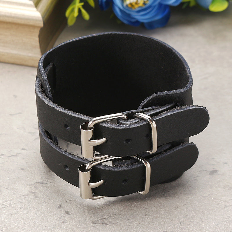 Men Punk Leather Bracelet Wristband Cuff Bangle 2 Layer