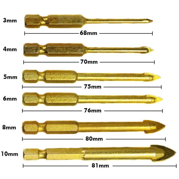 6Pcs 1/4 Inch Hex Shank Tungsten Carbide TCT Glass Drill Bits Set Titanium