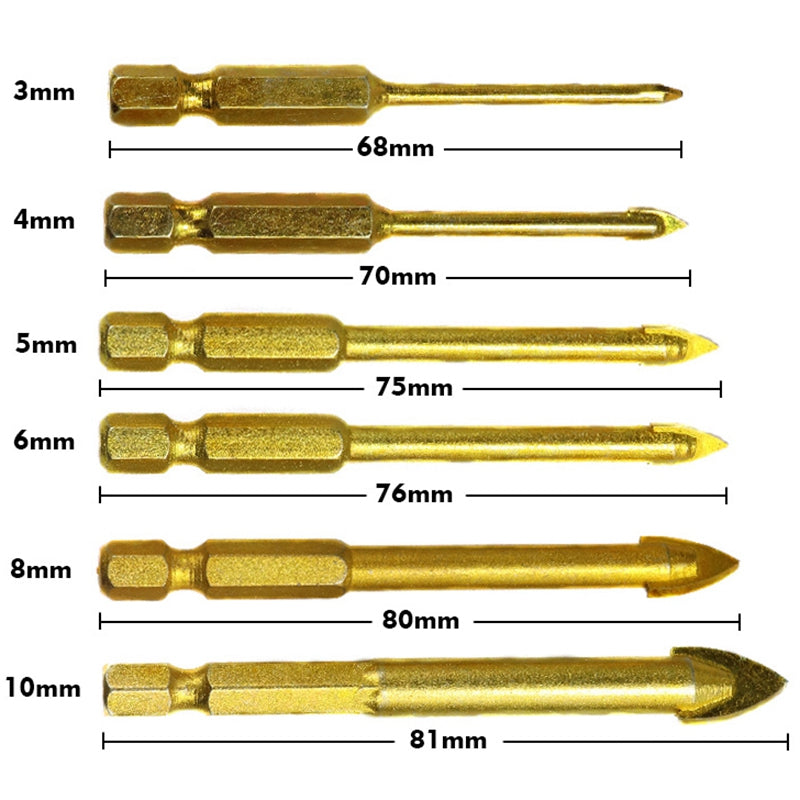 6Pcs 1/4 Inch Hex Shank Tungsten Carbide TCT Glass Drill Bits Set Titanium