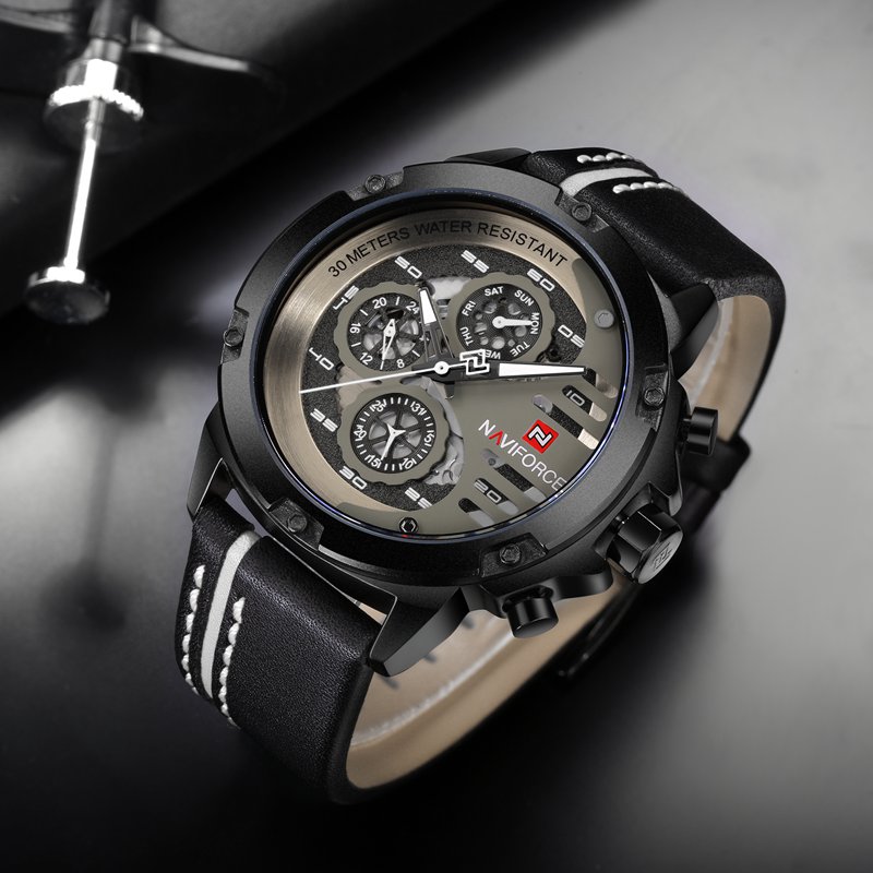 NAVIFORCE 9110 Men Watches Luxury Fashion 24 Hours Display Leather Strap Quartz Wrist Watch