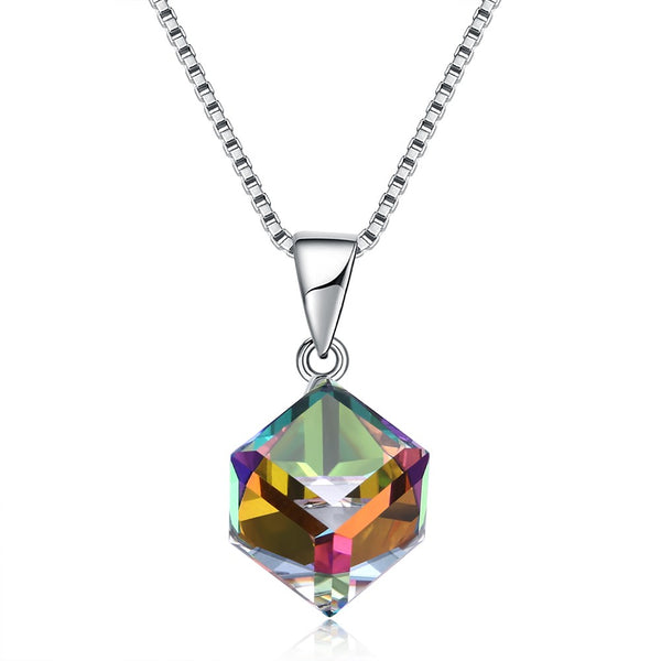 925 Sterling Silver Colorful Shining Cube Crystal Necklace Silver Charm Necklace for Women