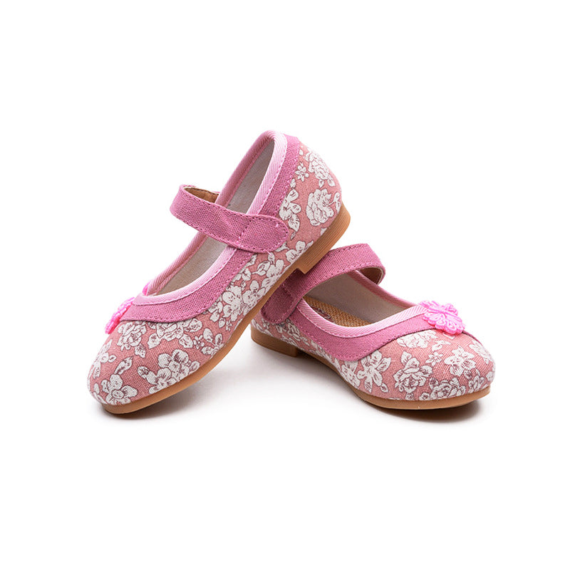 Girls Folkways Embroidered Stitching Hook Loop Flat Cloth Shoes Baby Shoes
