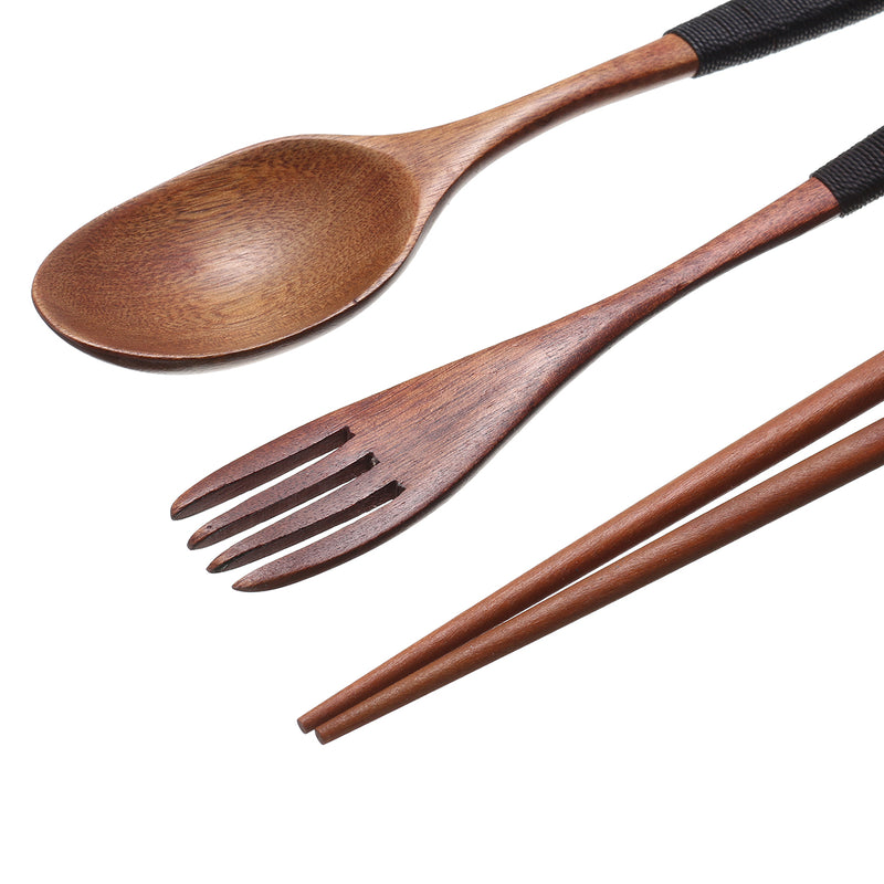 3Pcs/set Portble Wooden Chopsticks Spoon Fork Tableware Japanese Style With Storage Bag