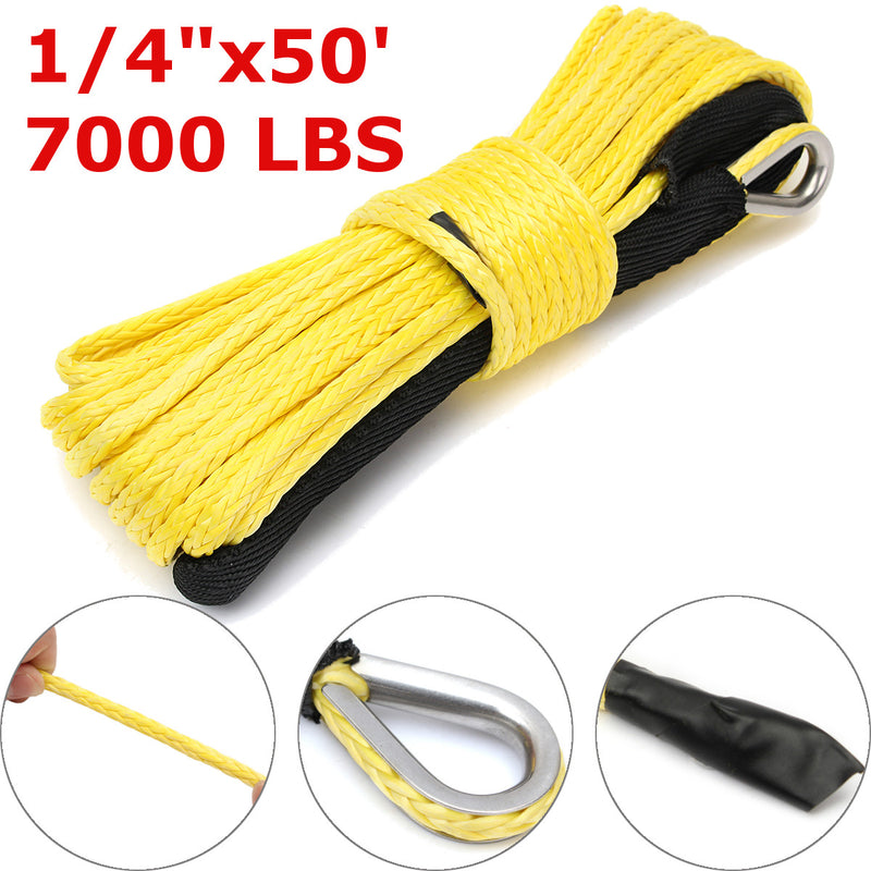 7000 Lbs 50Ft Yellow Synthetic Winch Rope Cable Towing Rope ATV Winch Line 1/4 Inch