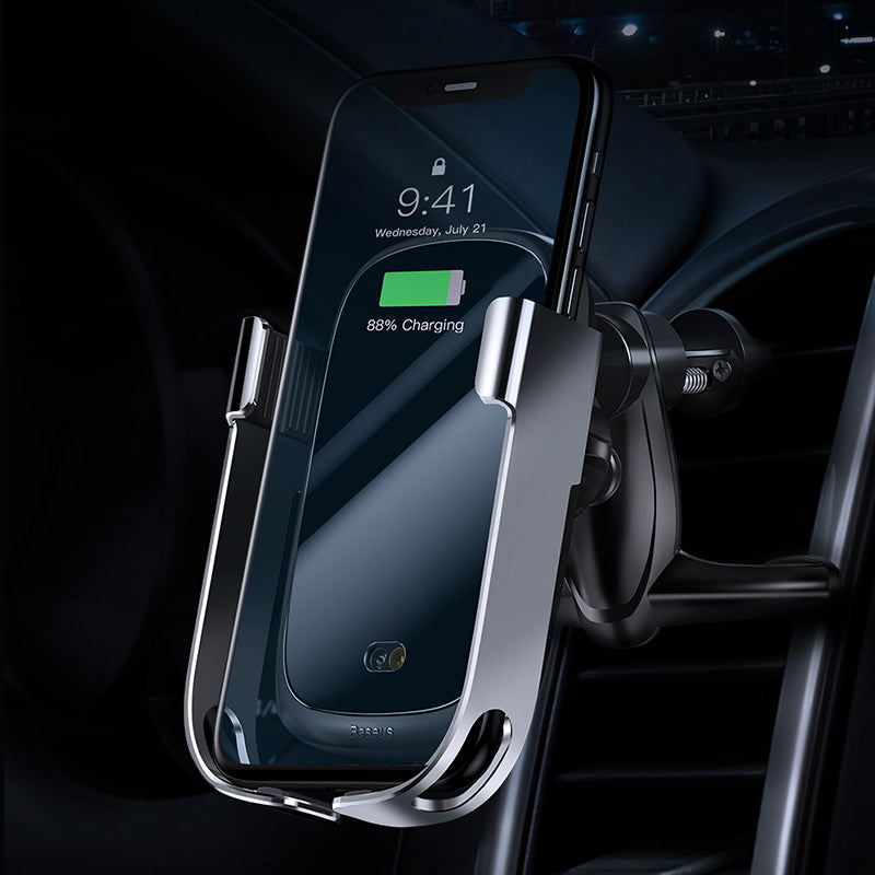 Baseus Metal Glass 10W Qi Wireless Charger Smart Infrared Sensor Lock Air Vent Car Phone Holder For 4.5-6.5 Inch Smart Phone iPhone Samsung
