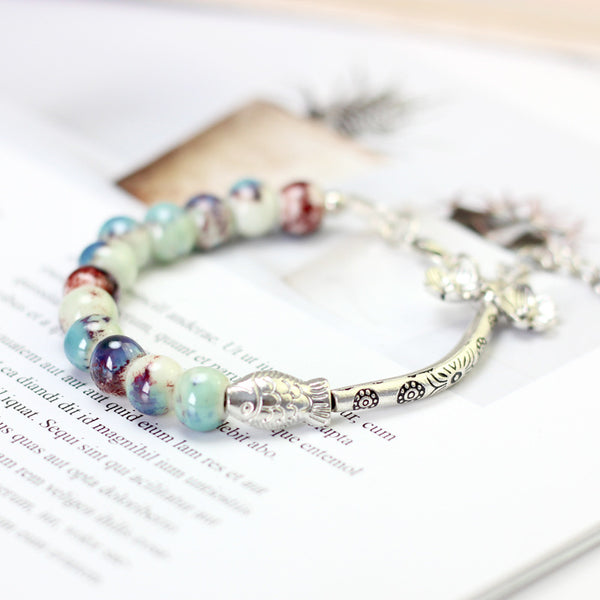 Vintage Colorful Beads Cuff Bracelets Silver Fish Pattern Ceramic Bracelet Ethnic Jewelry for Women