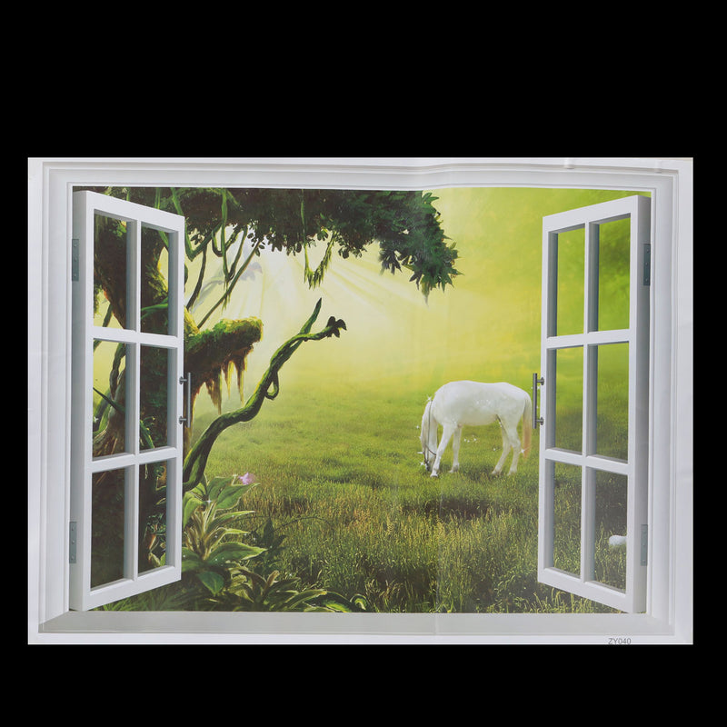 3D Grassland White Horse Scenery False Window PVC Decal Wall Sticker Muarl Home Room Decor
