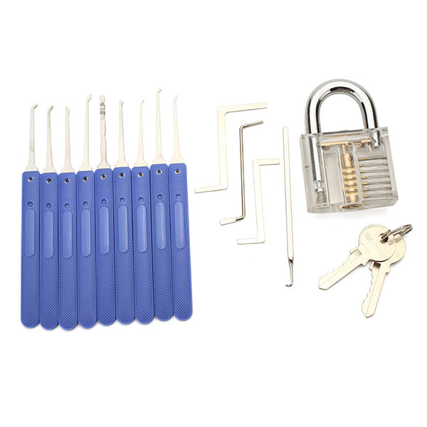 9pcs Blue Handle Unlocking Lock Pick Set Key Extractor Tool with Transparent Practice Padlock