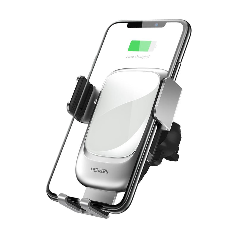 Licheers Metal Glass 10W Qi Wireless Charger Infrared Sensor Auto-clamping Air Vent Car Phone Holder For 4.0 Inch - 6.5 Inch Smart Phone
