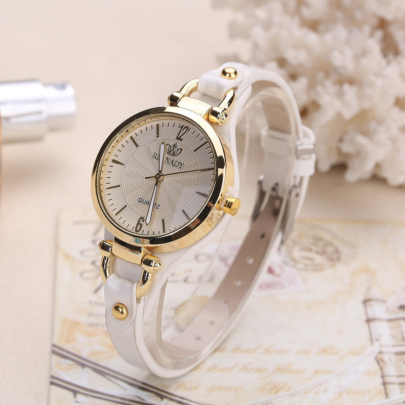 Fashion Colorful Leather Band Women Simple Dial Rose Gold Case Quartz Watch