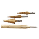 Drillpro 4pcs HSS Titanium Coated Step Drill Bit with Automatic Center Pin Punch 3-12/4-12/4-20mm Step Drill