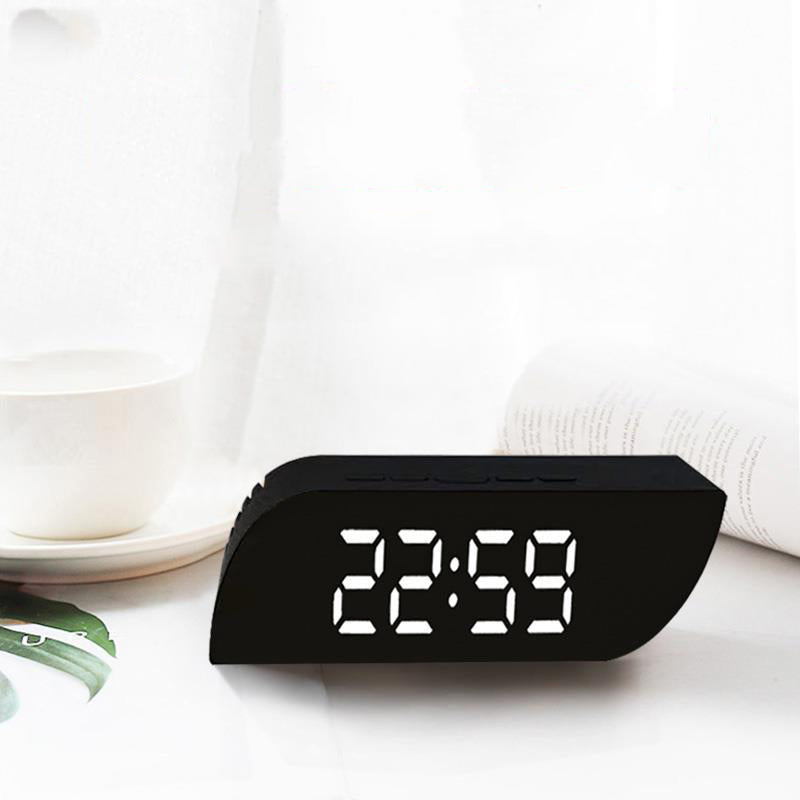Digital LED Trapezoidal Mirror Alarm Clock Time Date Temperature Cyclically Display Calendar Snooze Clock Office Home Decorations