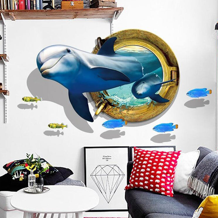 Miico Creative 3D Dolphin Window Sea Fishes PVC Removable Home Room Decorative Wall Decor Sticker