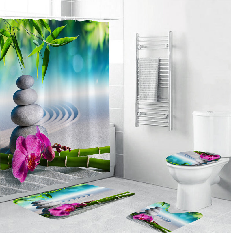 4Pcs Shower Curtain Waterproof Home Bathroom Bath Mat Set Rug Toilet Lid Cover !