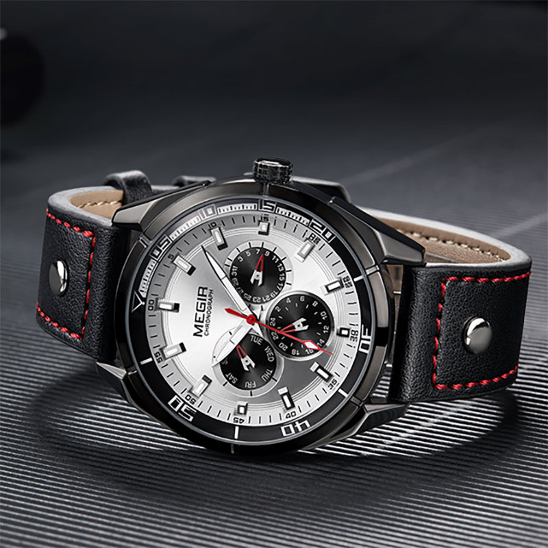 MEGIR ML2072G Men Watch Luminous Display Calendar Watch Leather Sport Style Quartz Wristwatches