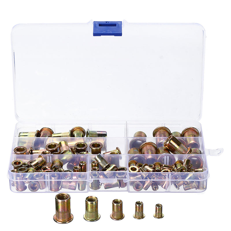 120Pcs Flat Head Insert Rivet Nut Nutsert Mixed Nuts Tool Kit Zinc Plated Carbon Steel Rivet Assortment Set