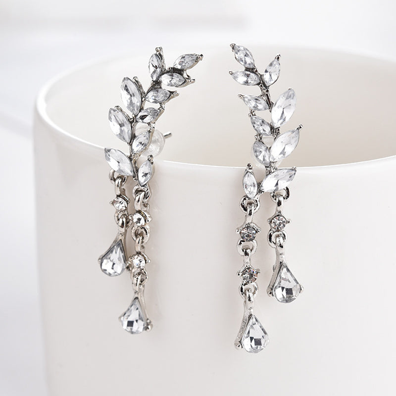 Sweet Leaf Rhinestone Earrings Silver Gold  Piercing Tassel Crytral Earring for Women