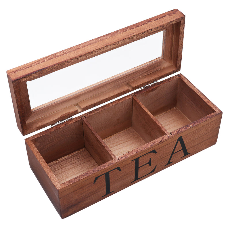 Tea Bag Stores Wooden Tea Box 3 Compartments Hinged Glass Lid Tea Organizer Jewelery Box Storage