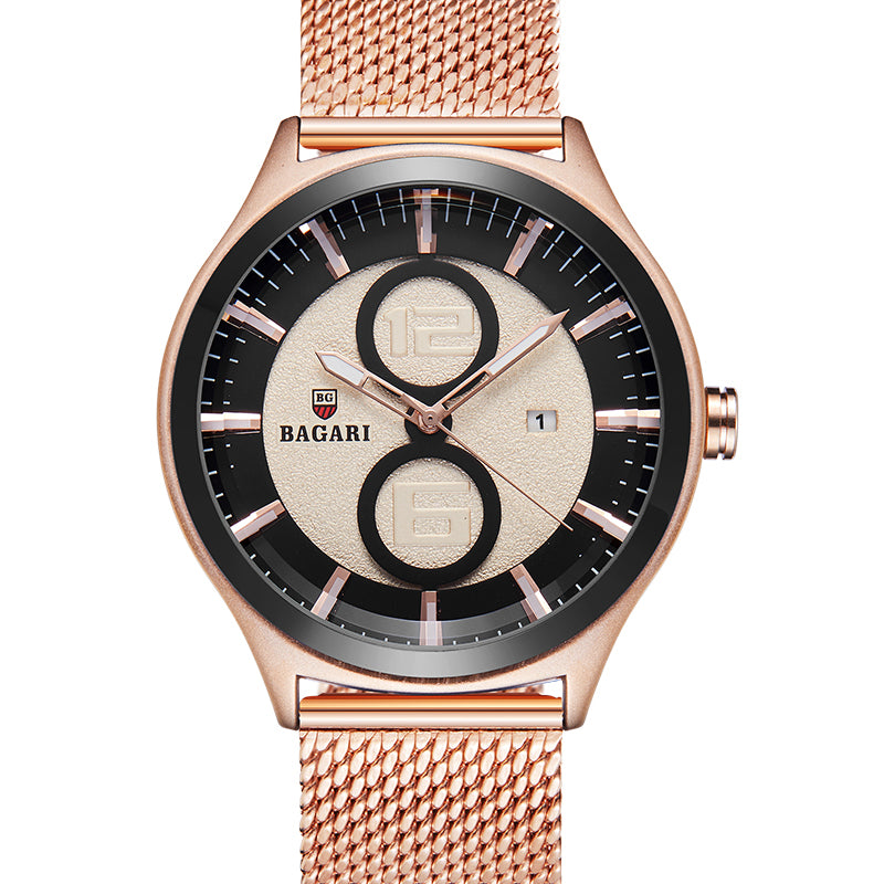 BAGARI 8012W Ultrathin Business Style Men Watch Mesh Steel Band Quartz Watch