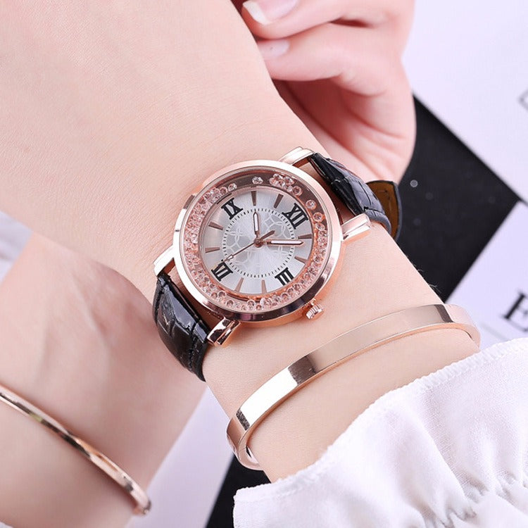Fashion Rose Gold Flowing Crystal Roman numerals Ladies Dress Bracelet Leather Women Quartz Watch
