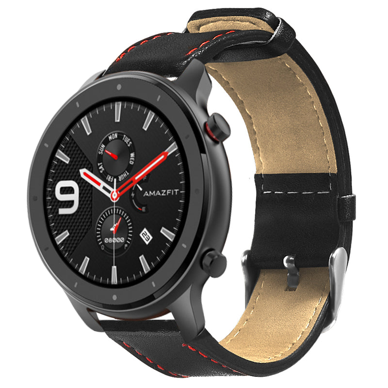 Red Thread Single Leather Watch Band Watch Strap for 47mm Amazfit GTR Smart Watch