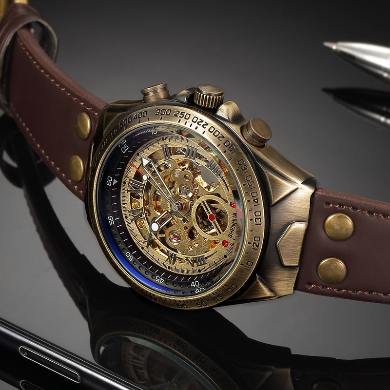 SHENHUA Brand Genuine Bronze Belt Waterproof Skeleton Men Luxury Mechanical Watch Automatic Wrist Watches