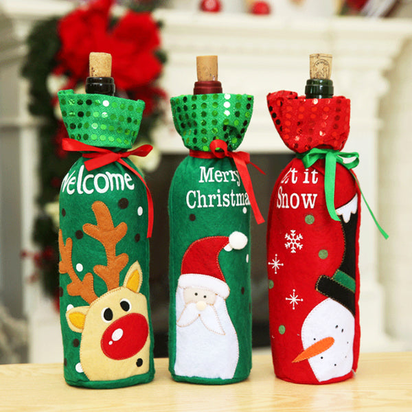 Sequined Bottle Cover Bag Santa Claus Elk Snowman Christmas Table Decorations