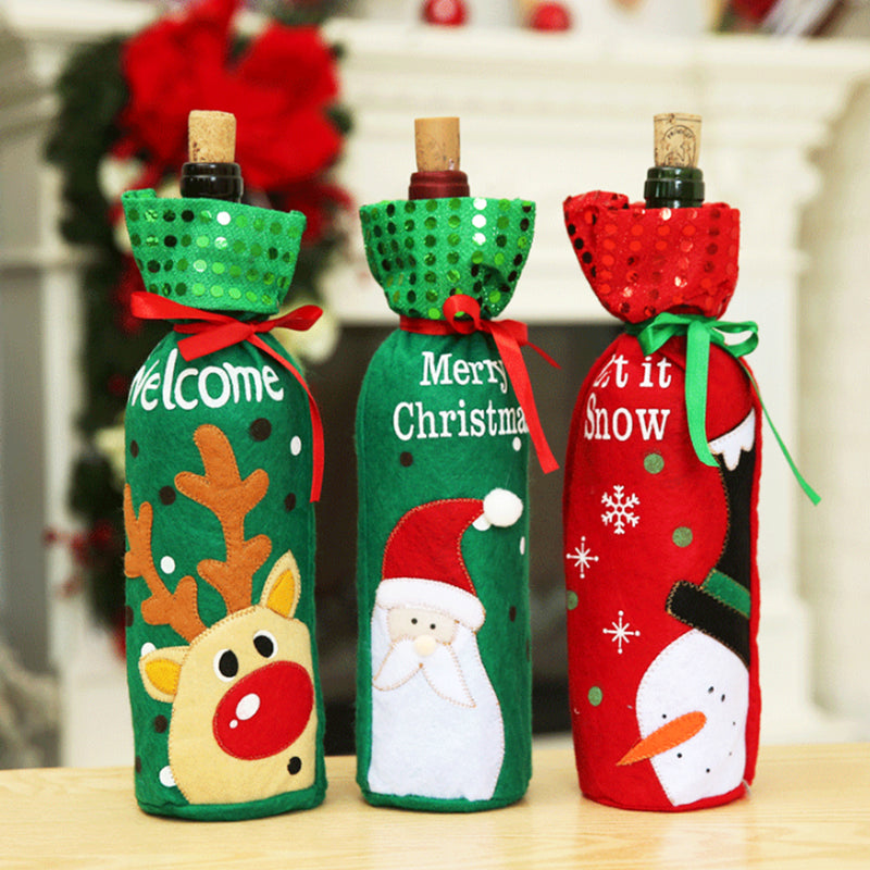 Sequined Bottle Cover Bag Santa Claus Elk Snowman Christmas Table Decorations