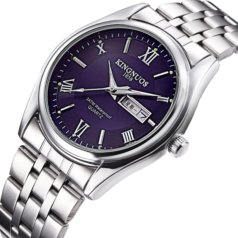 KINGNUOS 1858 Full Steel Casual Style Men Wrist Watch Date Week Display Quartz Watch