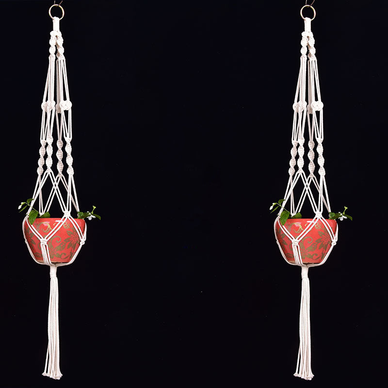 4 Legs Handmade Crude Cotton Flower Pot Decorations Hanging Basket Plant Hanger Rope with Iron Coils