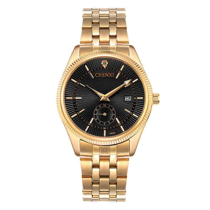 CHENXI 069A Calendar Gold Case Casual Men Watches Stainless Steel Strap Quartz Watch