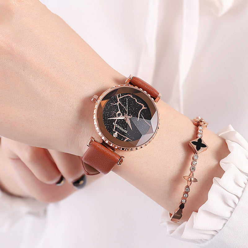 SANDA P231 Women Fashion Star Transparent Dial Leather Band Quartz Watch
