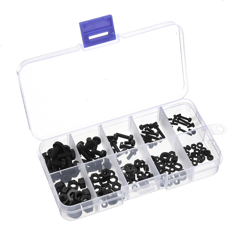 Suleve MXNH2 150Pcs Nylon Black P hillips Pan Head Screw Nut Bolt Washers Assortment Kit M2 M2.5 M3 M4 M5