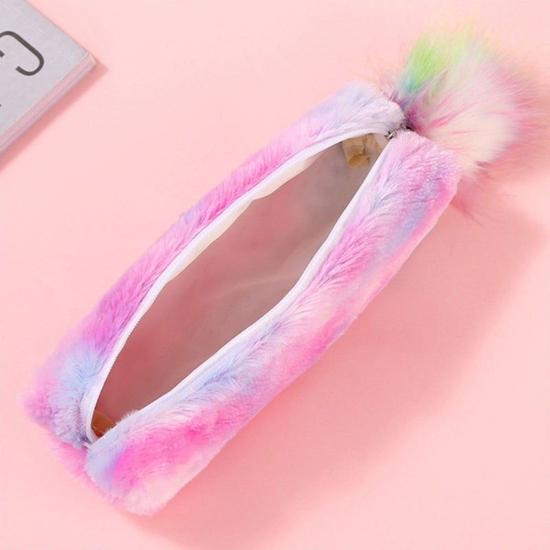Rainbow Plush Ball Pencil Case Large Capacity Stationery Storage Bag Pouch Box Office School Supplies Gifts For Girls