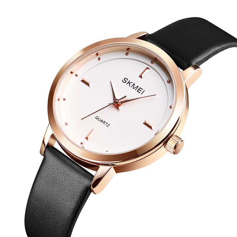 SKMEI 1457 Women Fashion Simple Dial Rose Gold Case Leather Strap Quartz Watch