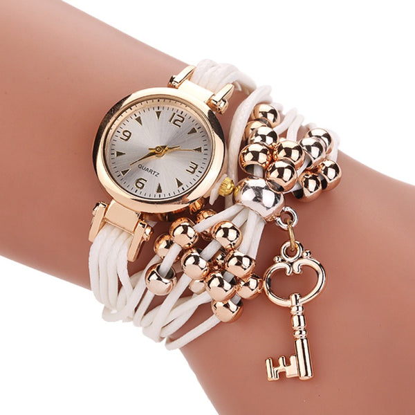 Gold Case Colorful Leather Beading Strap Ladies Dress Women Bracelet Wristband Quartz Watch